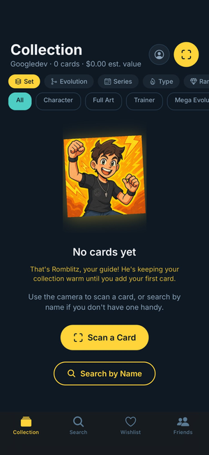 CardDex Scanner home screen with collection view and Romblitz mascot